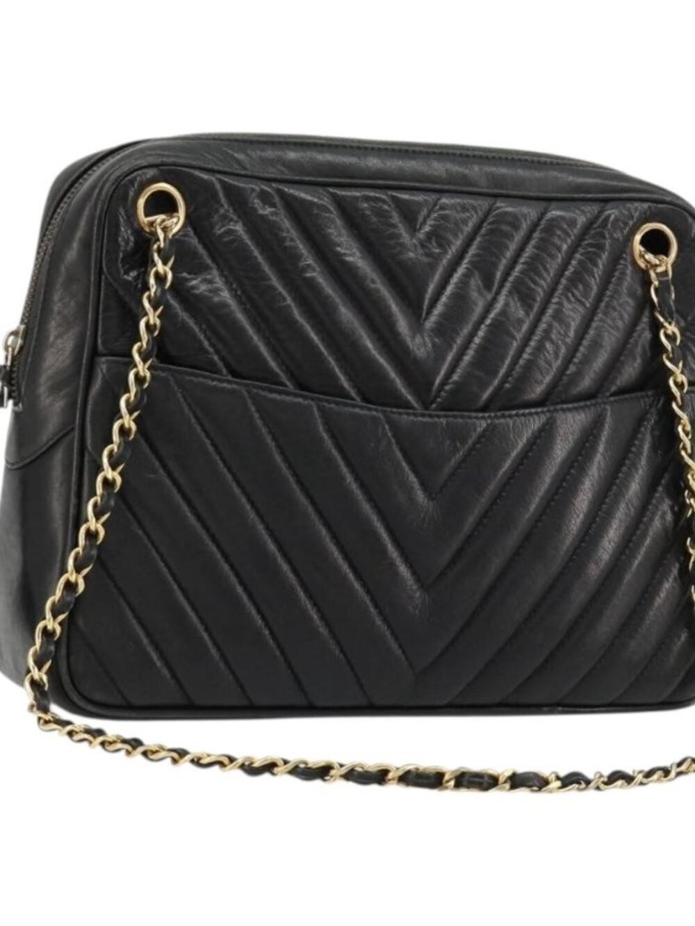 CHANEL V Stitch Chain Shoulder Bag Lamb Skin Black Gold CC Auth BA13037
